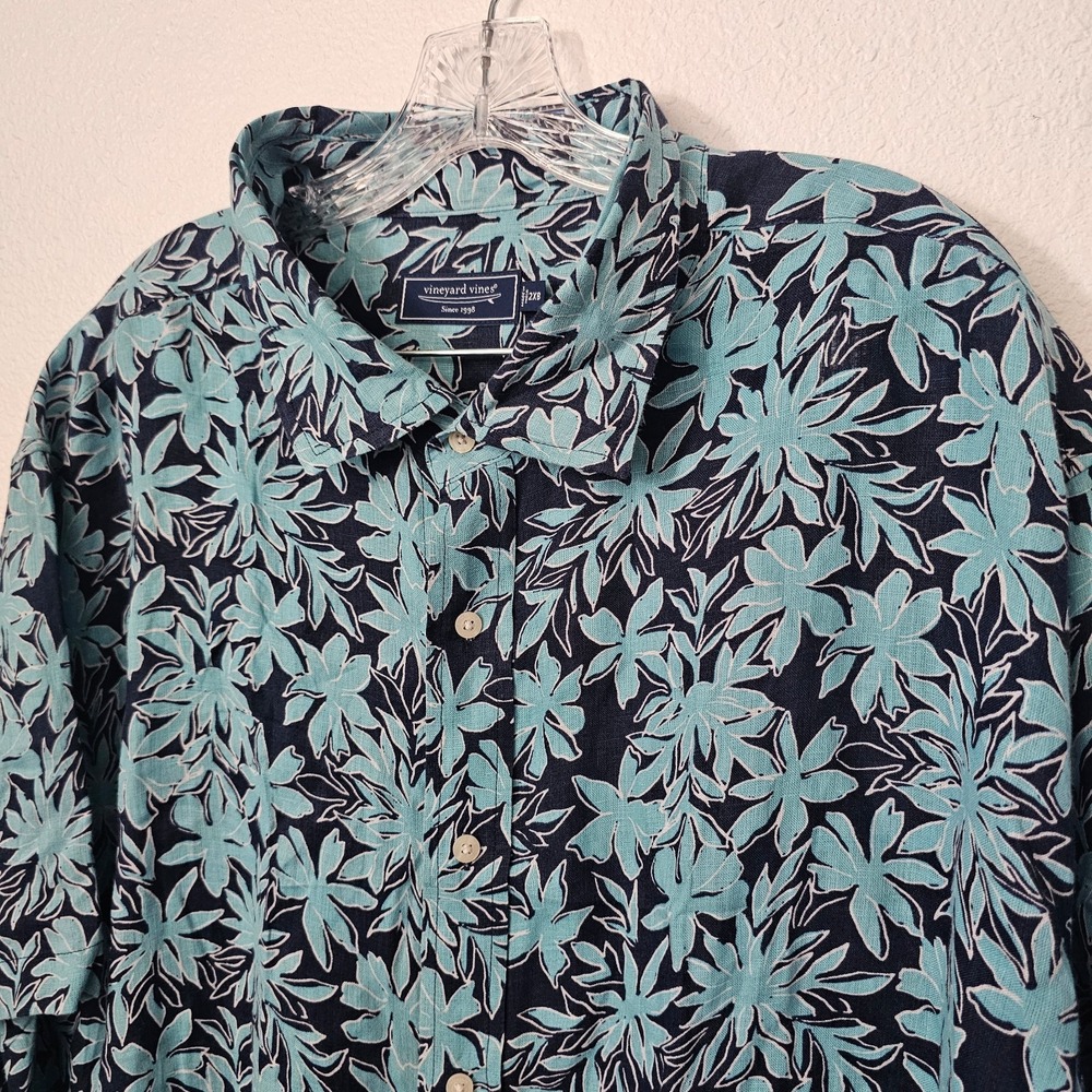 Vineyard Vines Blue Floral Hawaiian Style 100% Linen Polo Shirt‎ Size 2XB